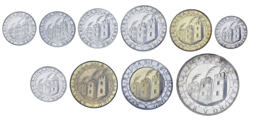Набір монет Сан-Марино набір із 10 монет 1992 UNC 1, 2, 5, 10, 20, 50, 100, 200, 500, 1000 лір (срібло) М23378 фото