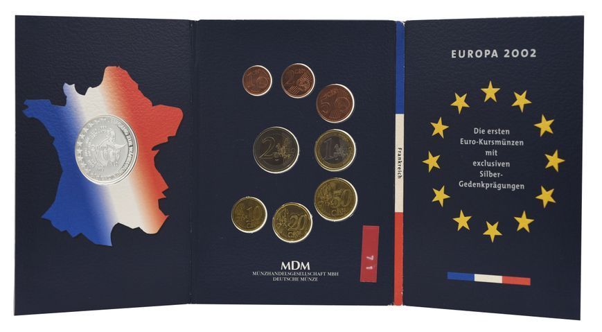 Набір монет Франція набір з 9 монет євро 1999-2001 UNC 1, 2, 5, 10, 20, 50 євроцентів, 1, 2 євро, медаль (срібло) М21450 фото