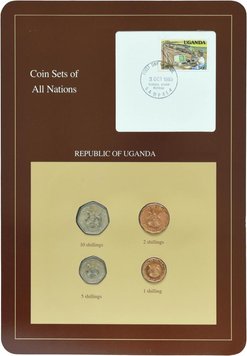 Уганда набір з 4 монет 1987 UNC 1, 2, 5, 10 шилінгів і 1 марка Буклет М10719 фото