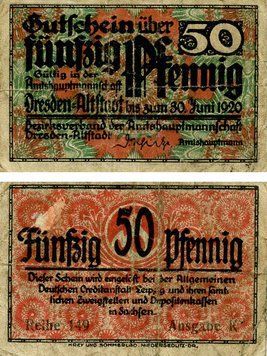 Banknote Germany Notgeld 50 pfennig 1920 F-VF Altstadt Variety 2