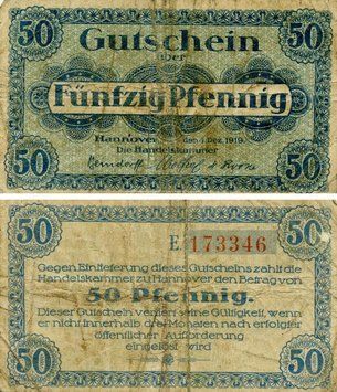 Banknote Germany Notgeld 50 pfennig 1919 F-VF Hannover Variety 2