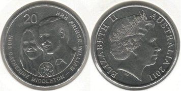 Australia 20 cents 2011 The Wedding of Prince William and Catherine Middleton VF (KM # 1566)