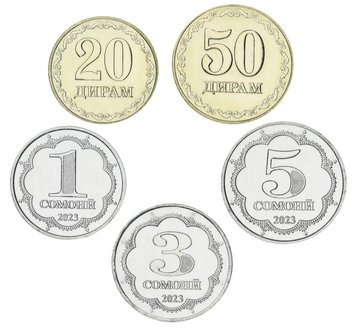 Tajikistan set of 5 coins 2023 UNC 20, 50 diram, 1, 3, 5 somoni