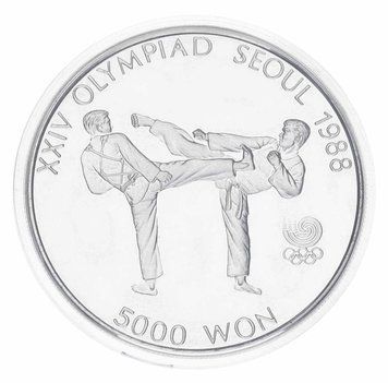 Coin South Korea 5000 won 1987 Silver Proof XXIV Summer Olympic Games in Seoul 1988 - Taekwondo