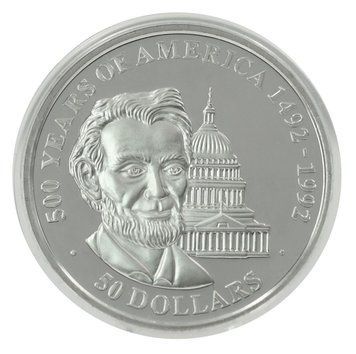 Монета Острови Кука 50 доларів 1990 Срібло Proof 500 років Відкриттю Америки &ndash; Авраам Лінкольн М22602 фото