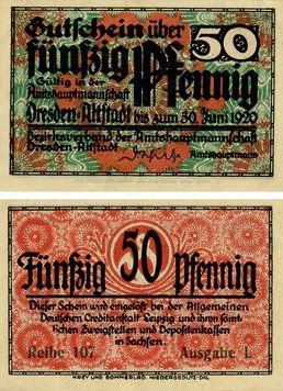 Banknote Germany Notgeld 50 pfennig 1920 F-VF Altstadt Variety 3