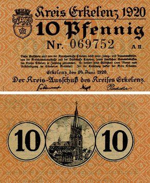 Banknote Germany Notgeld 10 pfennig 1920 F-VF Erkelenz