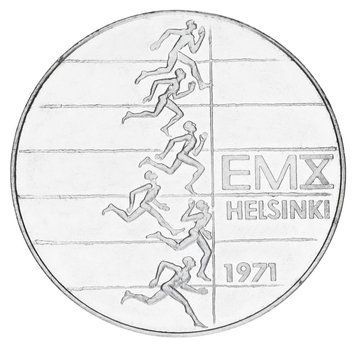 Монета Фінляндія 10 марок 1971 Срібло F-VF Чемпіонат Європи з легкої атлетики у Гельсінкі (Ag 500, 24,2 грам) М19859 фото