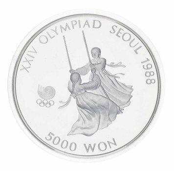 Coin South Korea 5000 won 1987 Silver Proof XXIV Summer Olympic Games in Seoul 1988 - Swing