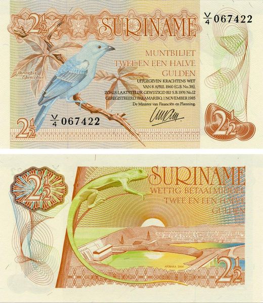 Suriname 2.5 guilders 1985 UNC Bird - Blue Tanager (P127b)