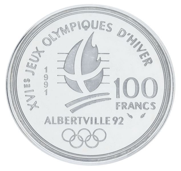 Монета Франція 100 франків 1991 Срібло Proof XVI Зимові Олімпійські ігри 1992 в Альбервілі - Лижні перегони М23294 фото