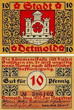 Banknote Germany Notgeld 10 pfennig 1920 F-VF Detmold