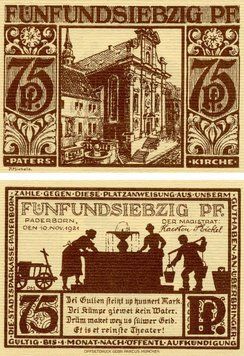 Banknote Germany Notgeld 75 pfennig 1921 F-VF Paderborn Variety 1