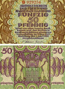 Banknote Germany Notgeld 50 pfennig 1920 F-VF Hamburg Variety 1
