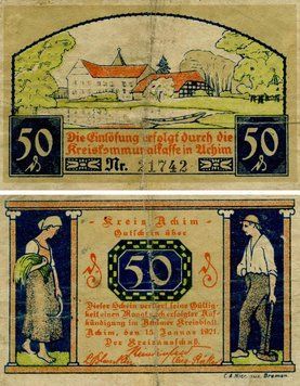 Banknote Germany Notgeld 50 pfennig 1921 F-VF Achim
