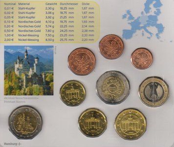 Набір монет Німеччина набір з 9 монет євро 2012 UNC D 1, 2, 5, 10, 20, 50 євроцентів, 1, 2 євро, пам'ятна 2 євро Блістер М07755 фото