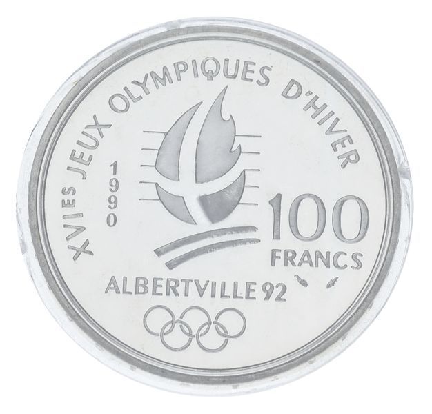 Монета Франція 100 франків 1990 Срібло Proof XVI Зимові Олімпійські ігри 1992 в Альбервілі - Ковзанярський спорт М23295 фото