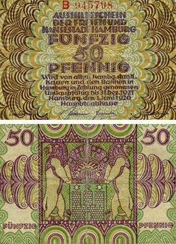 Banknote Germany Notgeld 50 pfennig 1920 G-VG Hamburg Variety 1