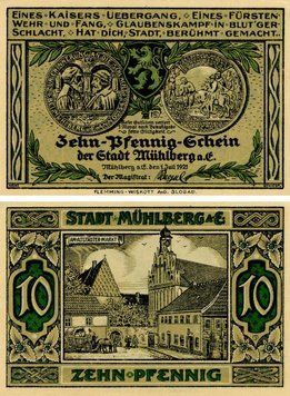 Banknote Germany Notgeld 10 pfennig 1921 F-VF M&uuml;hlberg