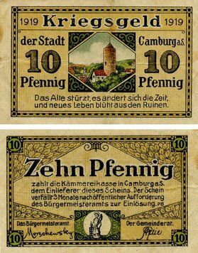 Banknote Germany Notgeld 10 pfennig 1919 F-VF Camburg