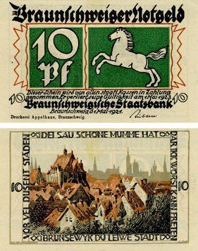 Banknote Germany Notgeld 10 pfennig 1921 F-VF Braunschweig