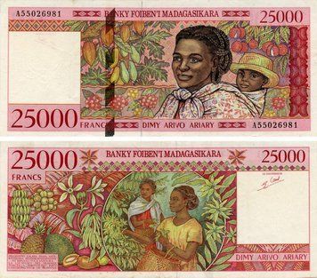 Banknote Madagascar 25,000 francs 1998 VF-AU punctured (P82)