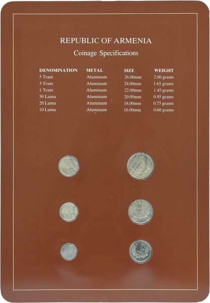 Armenia Set of 1994 UNC coins 10, 20, 50 luma, 1, 3, 5 tram and 1 mark Booklet