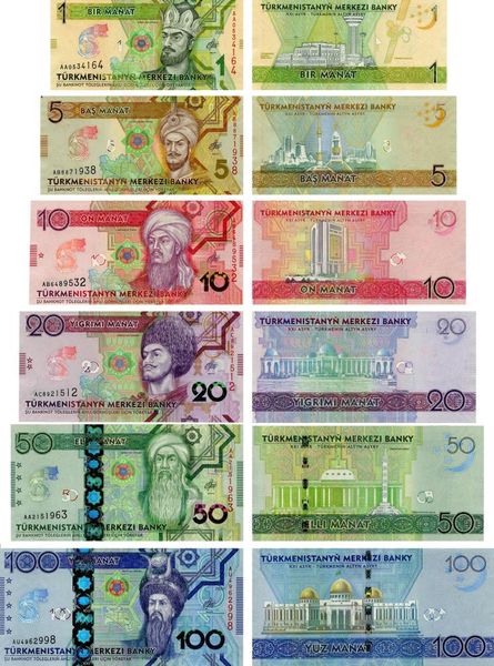 Turkmenistan set of 6 banknotes 2020 UNC 1, 5, 10, 20, 50, 100 manats