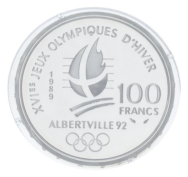 Монета Франція 100 франків 1989 Срібло Proof XVI Зимові Олімпійські ігри 1992 в Альбервілі - Гірськолижний спорт М23296 фото