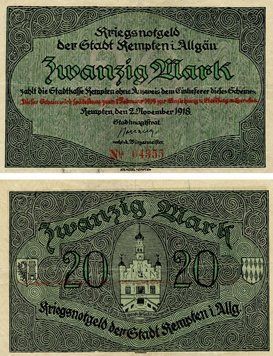 Banknote Germany Notgeld 20 marks 1918 F-VF Kempten