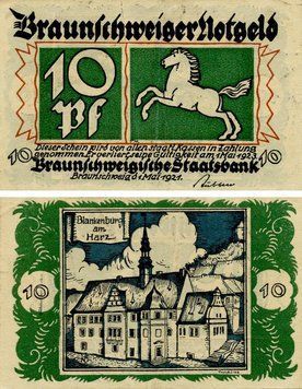 Banknote Germany Notgeld 10 pfennig 1921 F-VF Braunschweig Variety 2