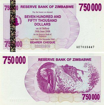 Банкнота Зімбабве 750000 доларів 2008 UNC Слон (P52) Б23481 фото