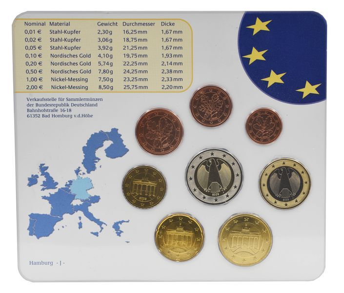 Набор монет Германия набор из 8 монет евро 2002 UNC J 1, 2, 5, 10, 20, 50 евроцентов, 1, 2 евро в сувенирной упаковке М19743 фото