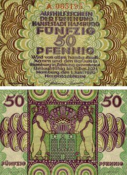 Banknote Germany Notgeld 50 pfennig 1920 F-VF Hamburg Variety 2