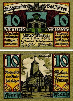 Banknote Germany Notgeld 10 pfennig 1921 F-VF Bad K&ouml;sen Variety 1