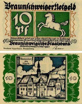 Banknote Germany Notgeld 10 pfennigs 1921 F-VF Braunschweig Variety