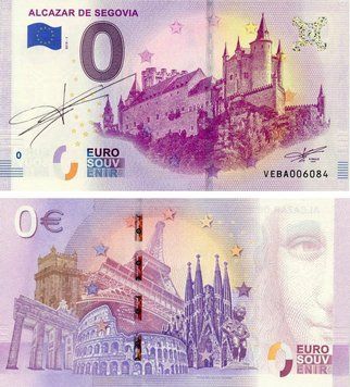Банкнота Іспанія 0 ЄВРО 2019 &laquo;Палац та фортеця Алькасар у Сеговії&raquo; UNC з автографом C.E.O R. Faille Б17579 фото