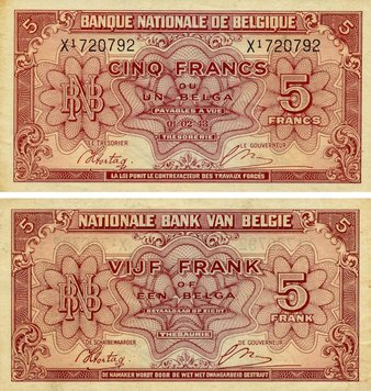 Belgium 5 francs 1943 F-VF