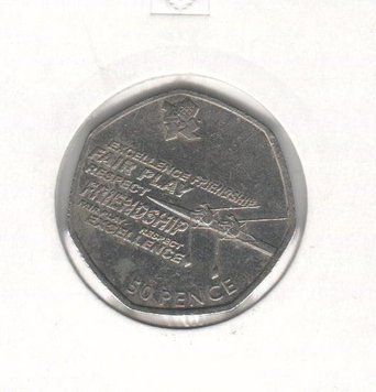 Монета Великобританія 50 пенсів 2011 &laquo;Олімпіада 2012 - Гребля&raquo; VF (KM#1168) М07254 фото