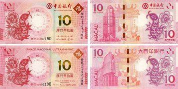 Banknotes set Macau set of 2 banknotes of 10 patacas 2013 UNC Eastern Calendar &ndash; Year of the Snake banks BNU and BOC