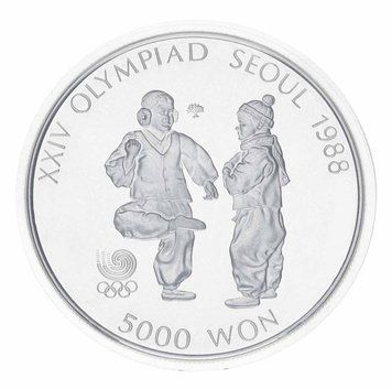 Coin South Korea 5000 won 1988 Silver Proof XXIV Summer Olympic Games in Seoul 1988 - Boys playing with a spinning top