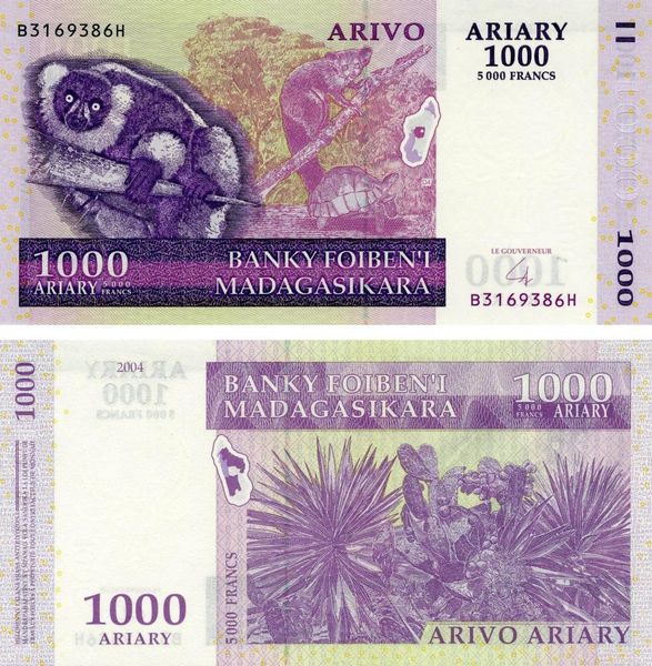 Madagascar 1000 Ariari 2004 UNC Lemur Turtle (P89)