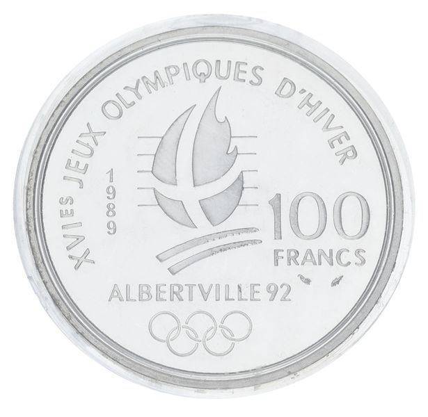 Монета Франція 100 франків 1989 Срібло Proof Зимові Олімпійські ігри 1992 в Альбервілі - Парне фігурне катання М23297 фото