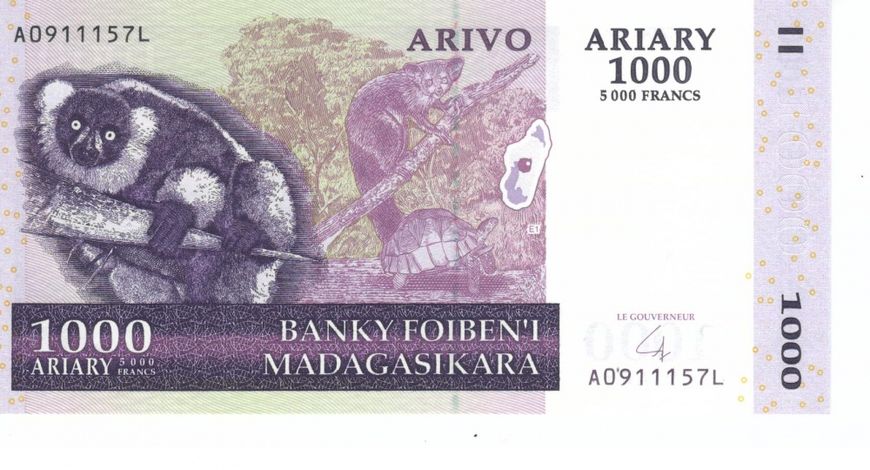 Madagascar 1000 Ariari 2004 UNC Lemur Turtle (P89)