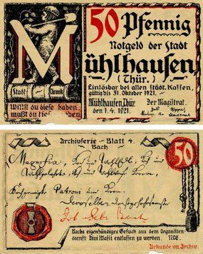 Banknote Germany Notgeld 50 pfennig 1921 F-VF M&uuml;hlhausen