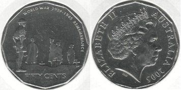 Australia 50 cents 2005 "World War 1939-1945 Memory" VF (KM # 746)