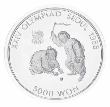 Coin South Korea 5000 won 1987 Silver Proof XXIV Summer Olympic Games in Seoul 1988 - Jegi Chagi