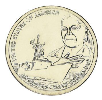 Монета США 1 долар 2025 UNC P Американські інновації - Рей Монтегю Комп'ютерний ескіз військового корабля (Арканзас) М21112 фото