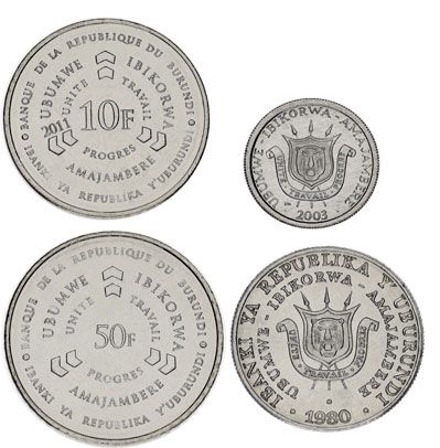 Burundi set of 4 coins 1980-2011 UNC 1, 5, 10, 50 francs