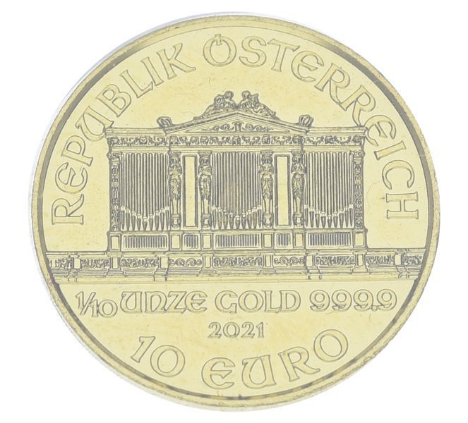 Монета Австрия 10 евро 2021 Золото UNC Венская филармония (Au 999, 1/10 унции, 3,11 грамма) М22857 фото